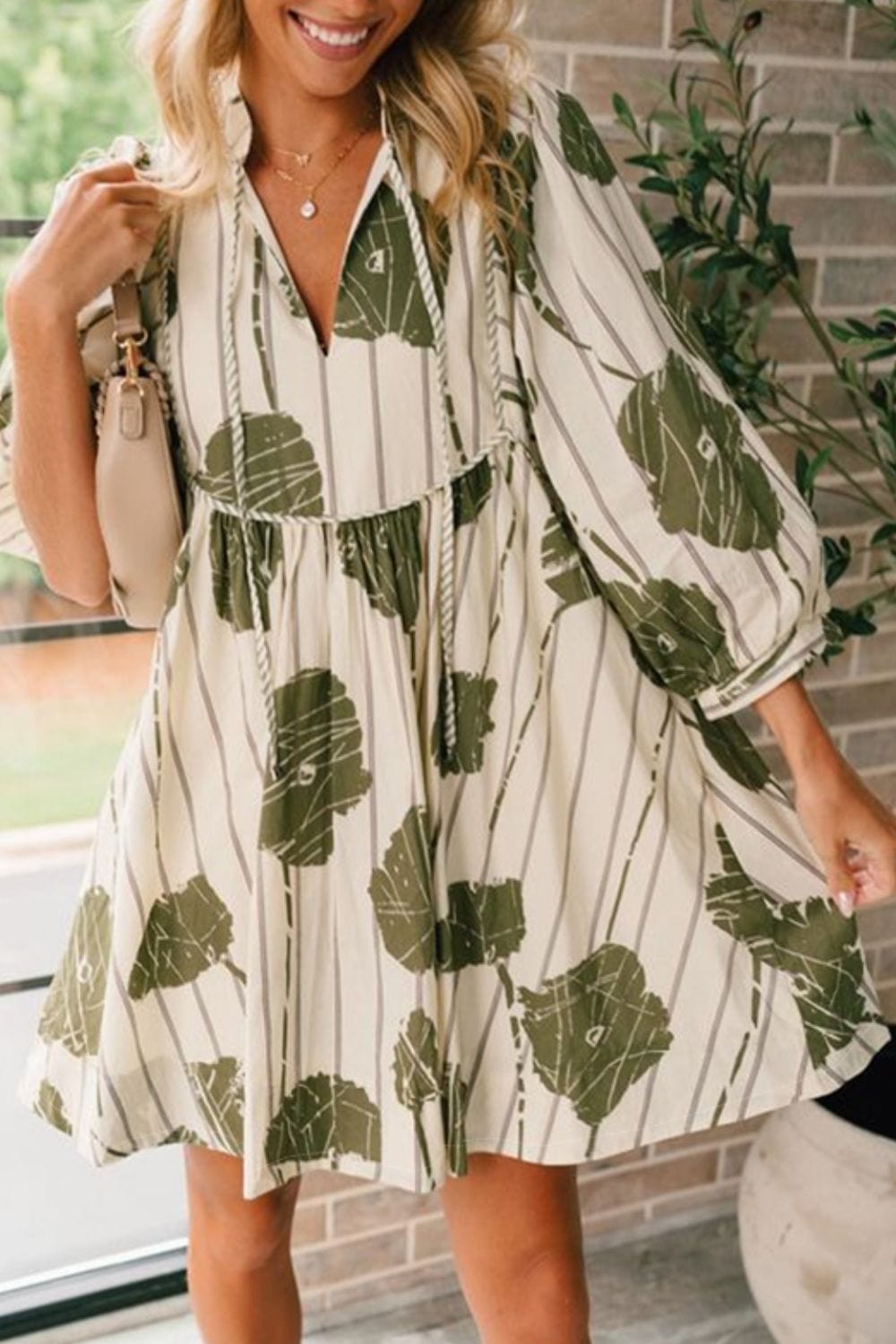 Printed Tie Neck Three-Quarter Sleeve Mini Dress - Trendsi