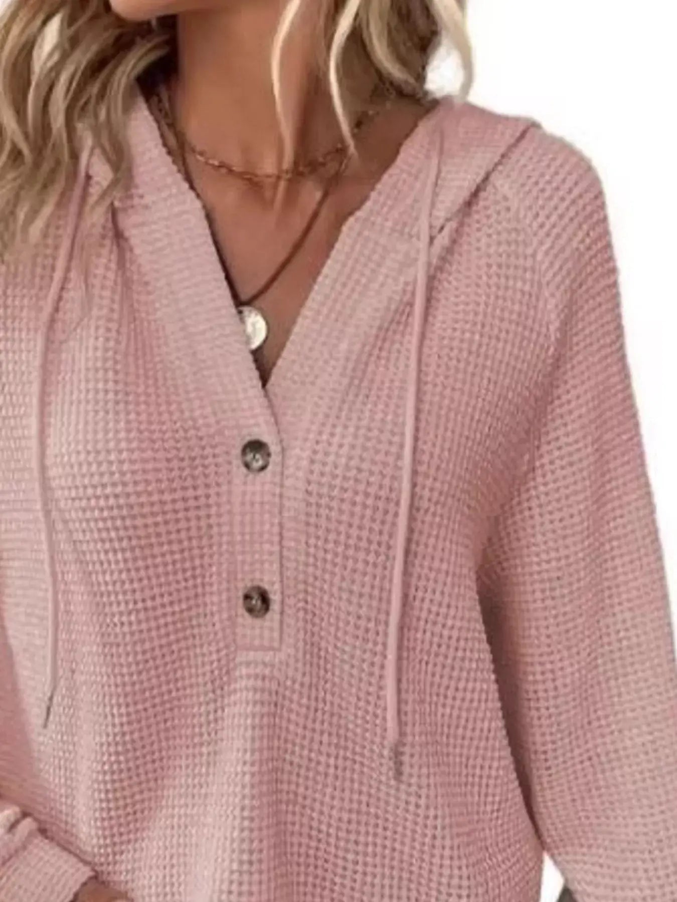 Full Size Button Detail Waffle Knit Hoodie Plus Size - Trendsi - Flyclothing LLC