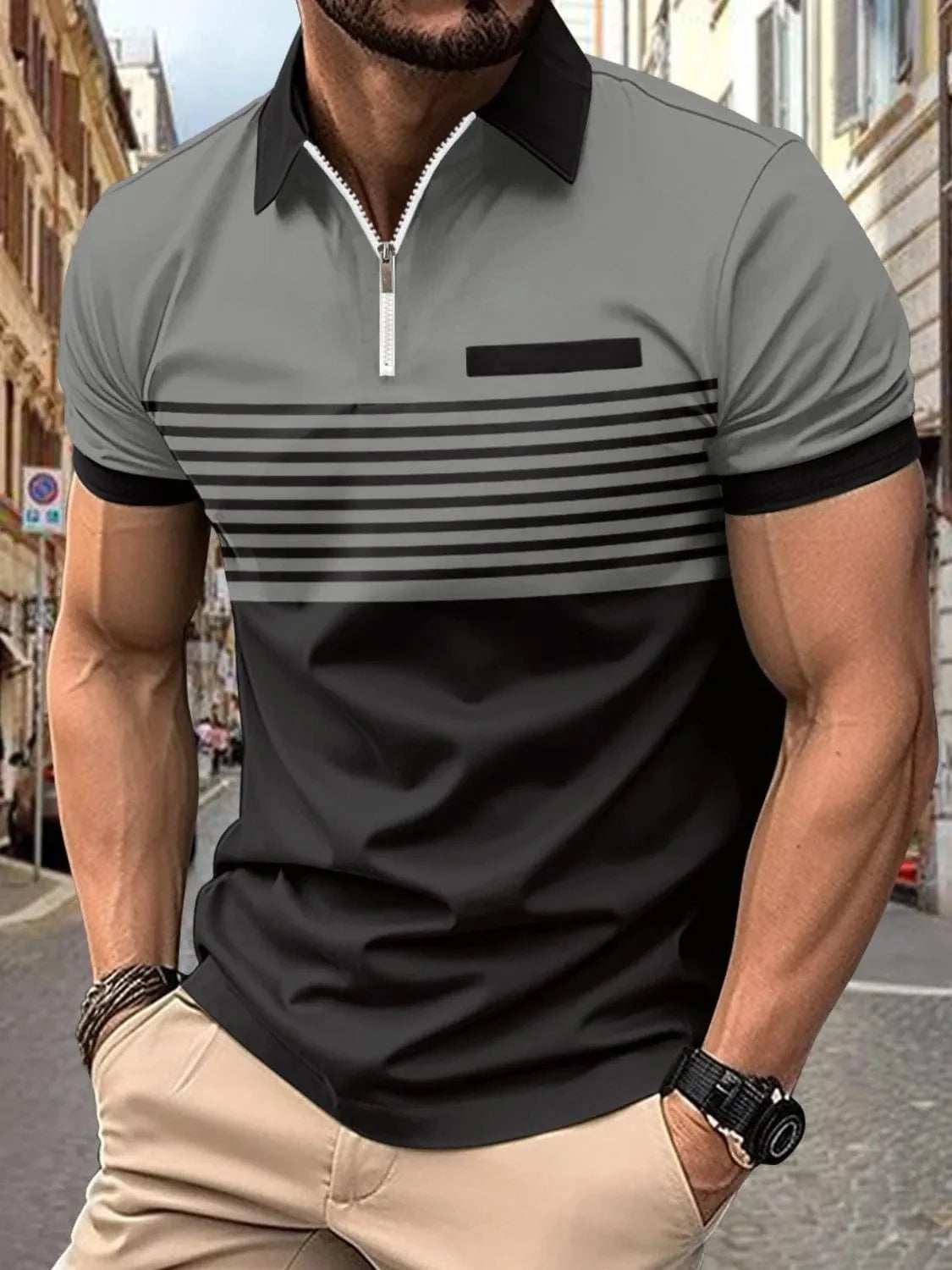 Men's Full Size Collared Neck Contrast Polo Plus Size - Trendsi - Flyclothing LLC