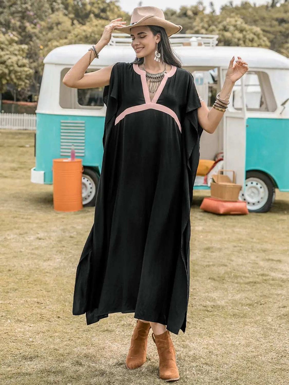 Contrast Trim Notched Slit Short Sleeve Midi Dress - Trendsi - Flyclothing LLC