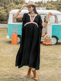Contrast Trim Notched Slit Short Sleeve Midi Dress - Trendsi - Flyclothing LLC