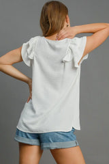 Umgee Full Size V-Neck Double Layered Ruffle Sleeve Blouse Plus Size - Trendsi - Flyclothing LLC