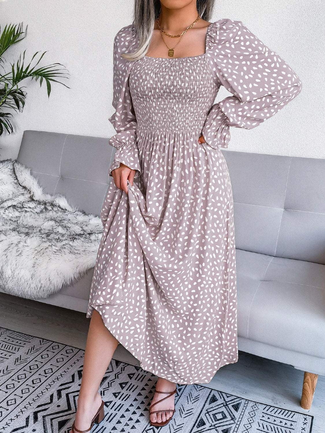 Smocked Square Neck Flounce Sleeve Dress - Trendsi - Flyclothing LLC
