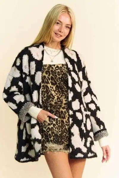 Davi & Dani Leopard Open Front Long Sleeve Cardigan - Trendsi