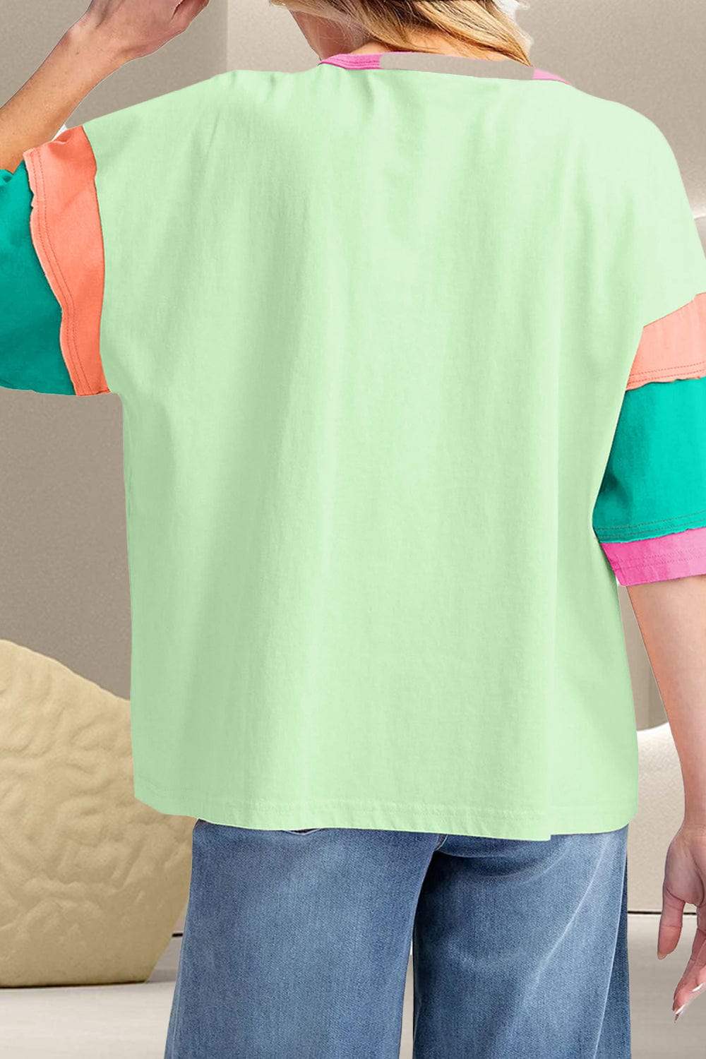 Color Block Round Neck Half Sleeve T-Shirt - Trendsi - Flyclothing LLC