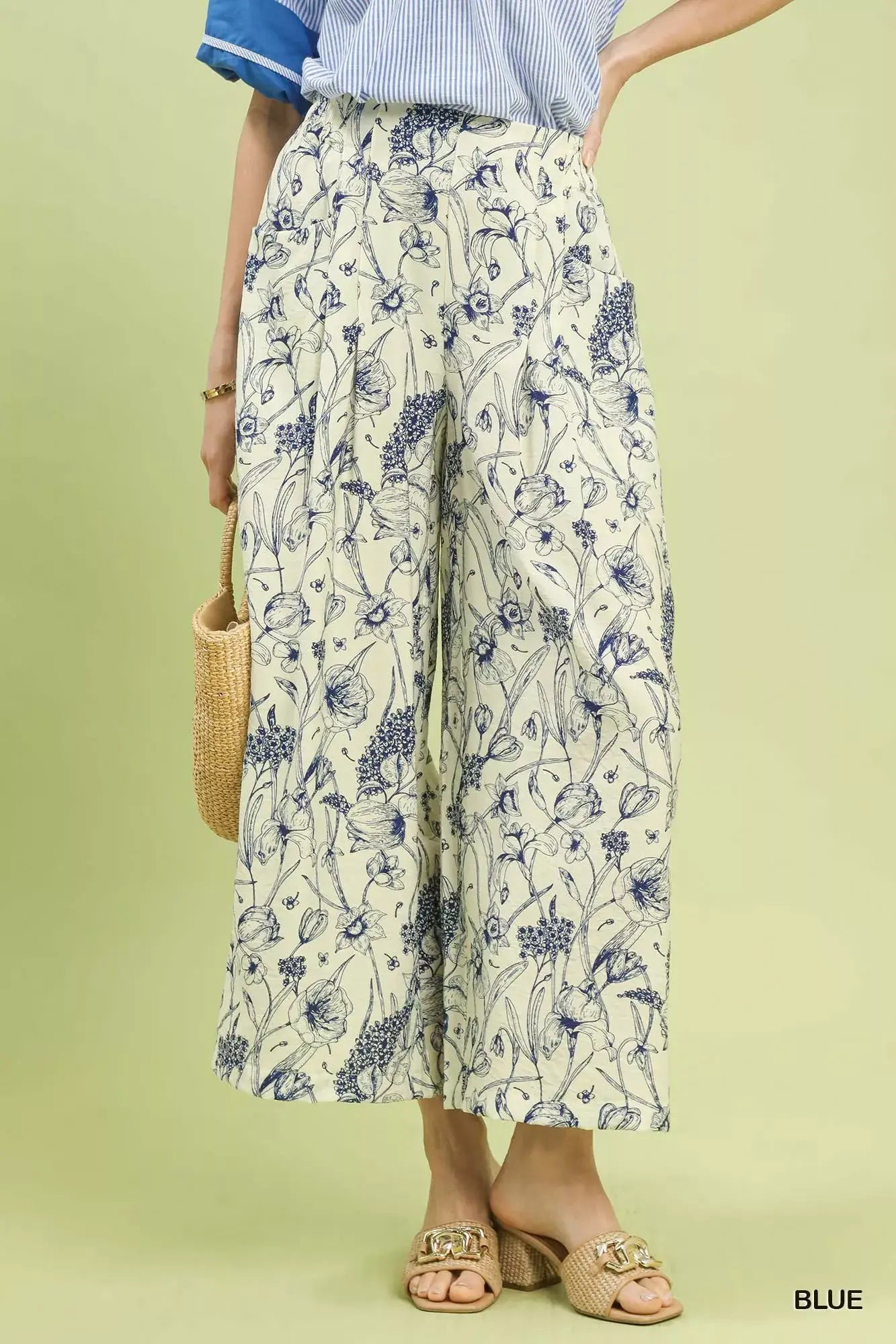 Umgee Two Tone Floral Print Pants - Trendsi - Flyclothing LLC