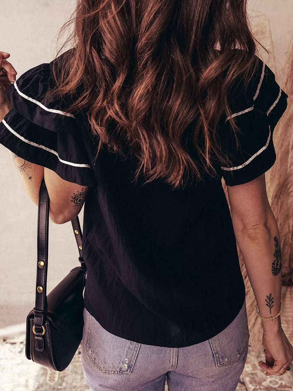 Contrast Trim Dual Ruffle Short Sleeve Textured Blouse - Trendsi - Flyclothing LLC