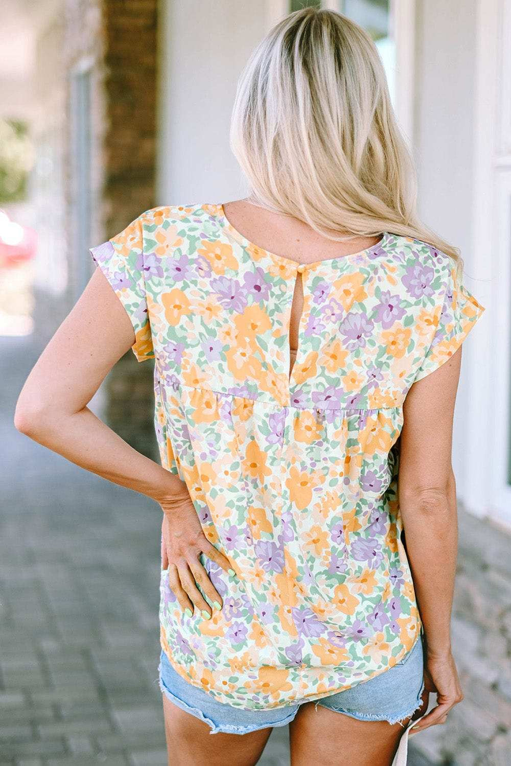 Printed Round Neck Cap Sleeve Blouse - Trendsi - Flyclothing LLC