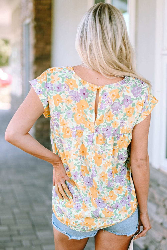 Printed Round Neck Cap Sleeve Blouse - Trendsi - Flyclothing LLC