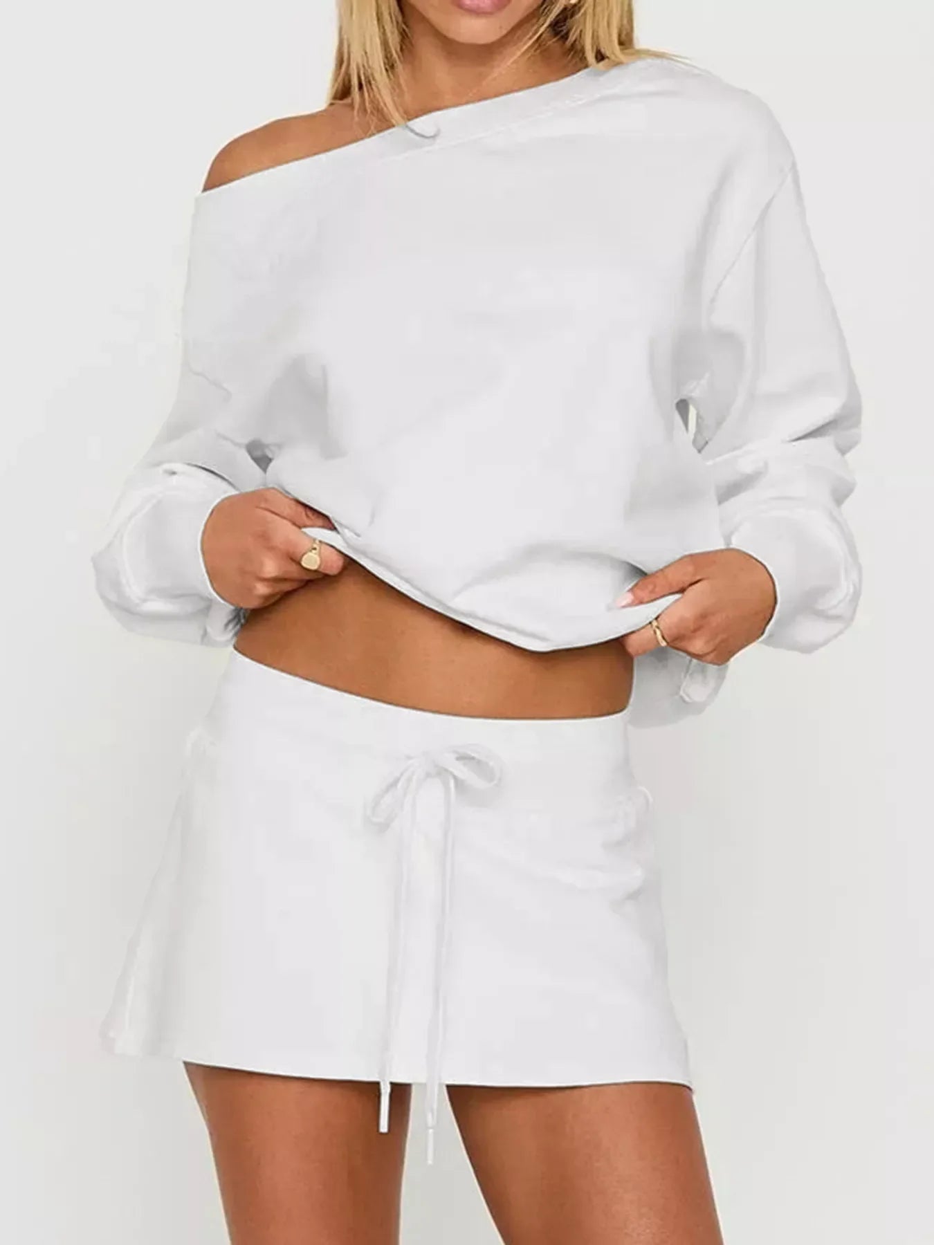 Boat Neck Sweatshirt and Mini Skirt Set - Trendsi - Flyclothing LLC