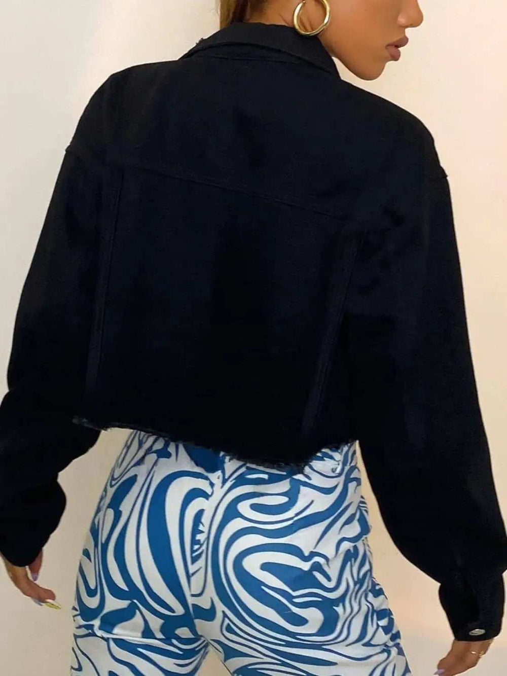 Distressed Collared Neck Long Sleeve Denim Top - Trendsi - Flyclothing LLC