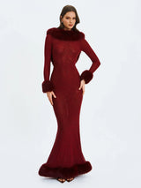 Mellie Burgundy Regular-Length Rhinestone Mesh Low Back Mermaid Gown - Miss Circle - Flyclothing LLC