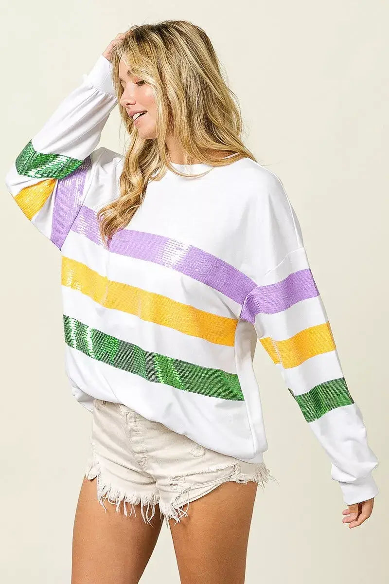 BiBi Sequin Mardi Gras Striped Round Neck Sweatshirt - Trendsi - Flyclothing LLC