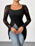 Square Neck Lace Patchwork Long Sleeve T-Shirt - Trendsi