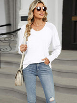 V-Neck Lantern Sleeve T-Shirt - Trendsi - Flyclothing LLC