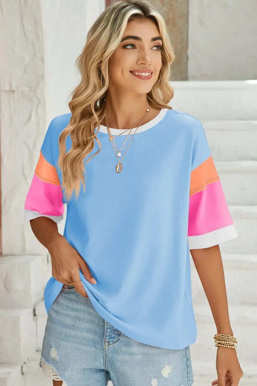 Lovelet Color Block Round Neck Half Sleeve T-Shirt - Trendsi - Flyclothing LLC