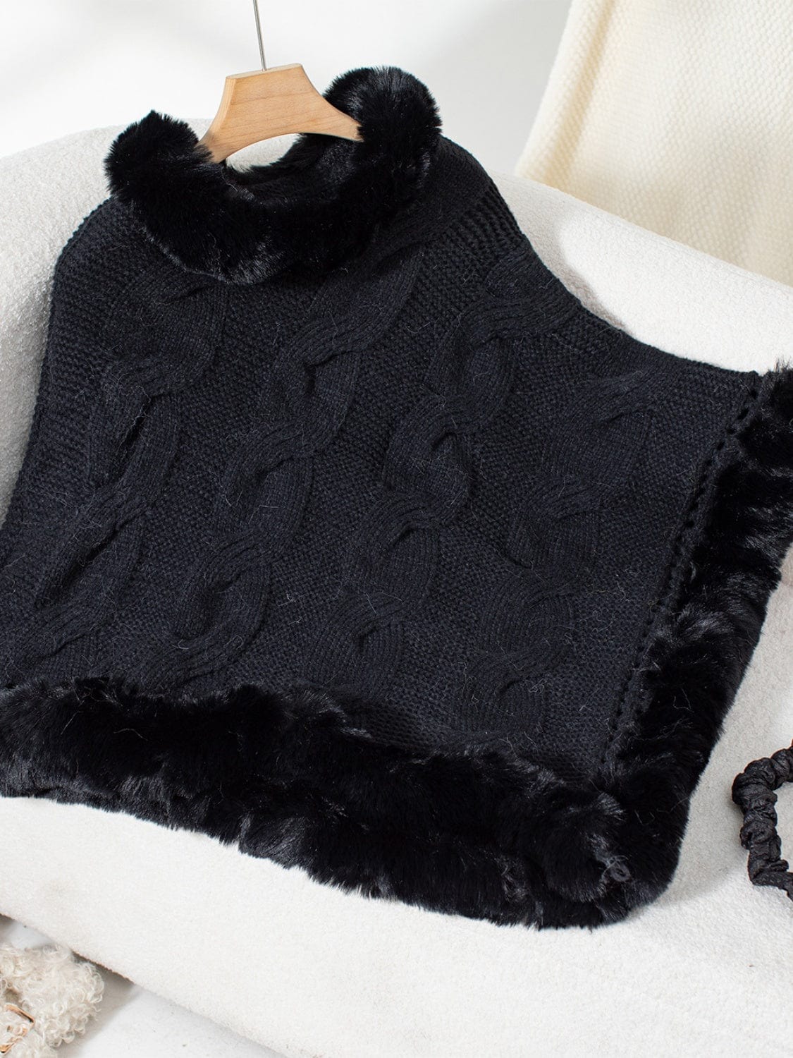 Fuzzy Hem Cable-Knit Poncho - Trendsi