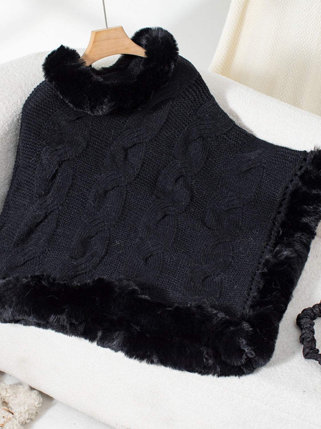 Fuzzy Hem Cable-Knit Poncho - Trendsi - Flyclothing LLC