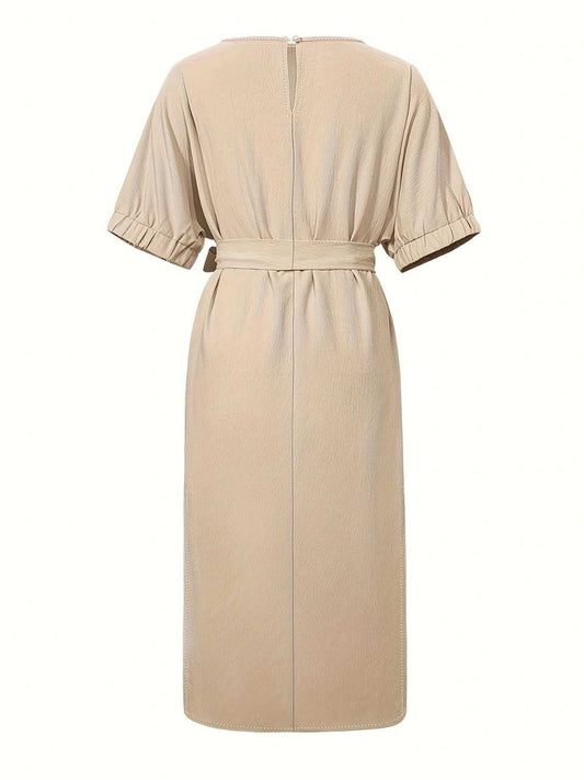 Slit Round Neck Tie Waist Midi Dress - Trendsi - Flyclothing LLC