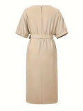 Slit Round Neck Tie Waist Midi Dress - Trendsi