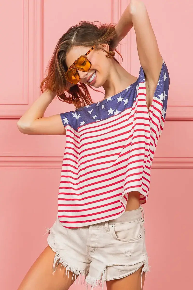 BiBi Star Rpinted with Stripe Combo Top - Trendsi - Flyclothing LLC