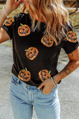 Sequin Pumpkin Round Neck Short Sleeve T-Shirt - Trendsi - Flyclothing LLC