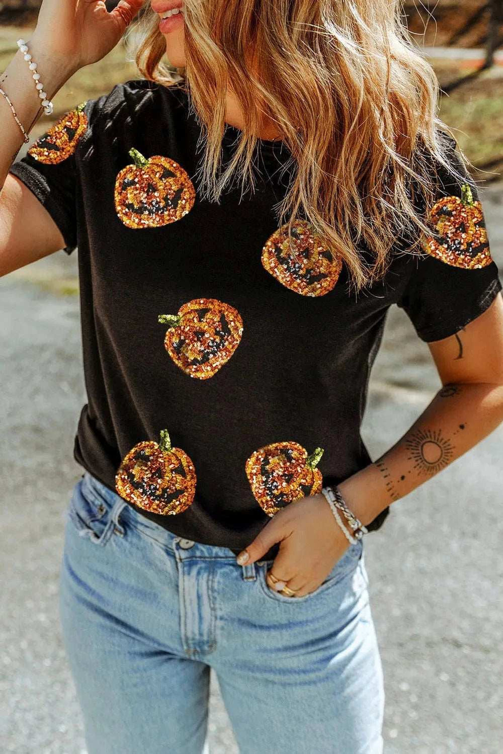 Sequin Pumpkin Round Neck Short Sleeve T-Shirt - Trendsi - Flyclothing LLC
