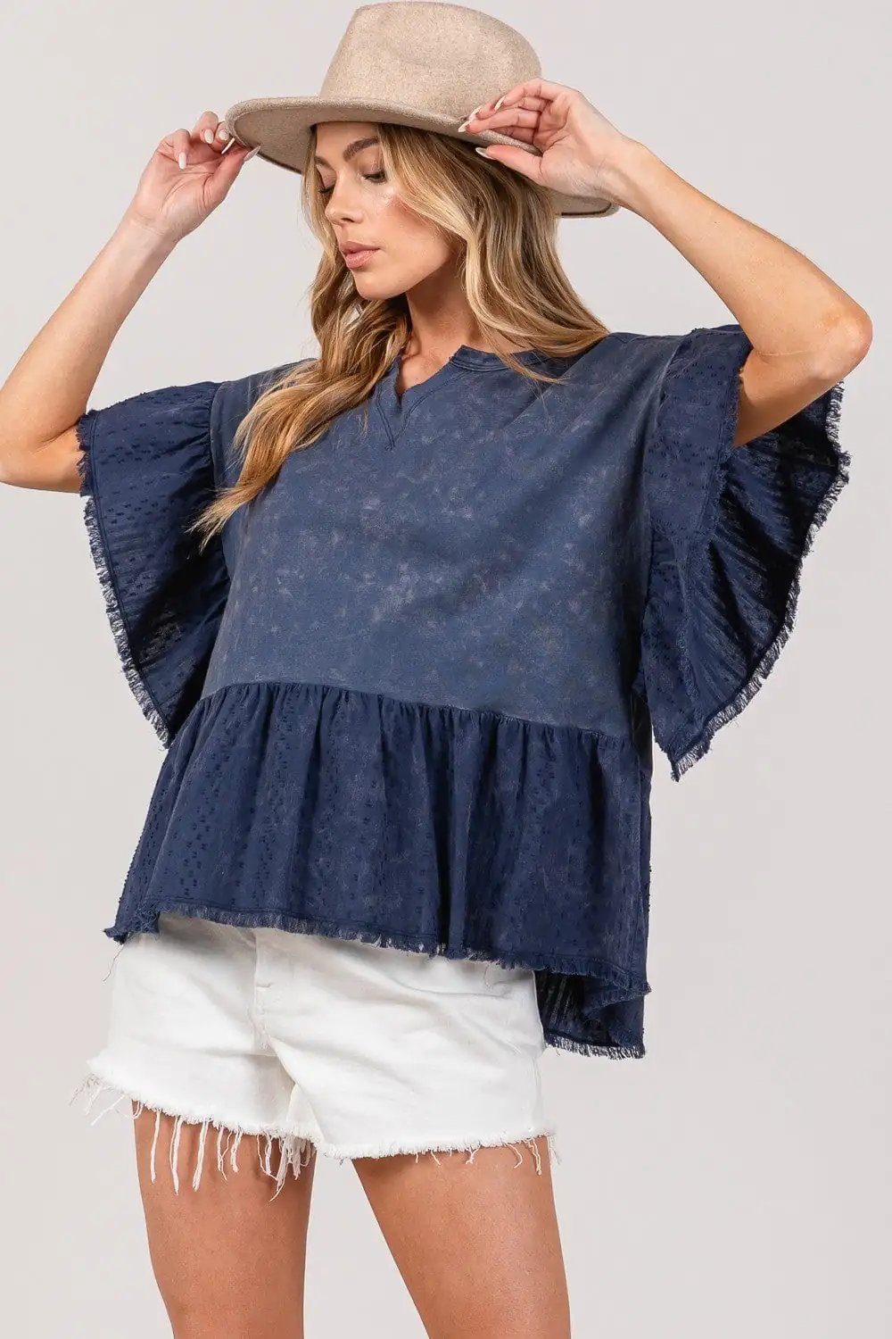 SAGE + FIG Ruffle Sleeve Washed Short Sleeve Blouse - Trendsi