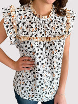 Ruffled Printed Mock Neck Cap Sleeve Blouse - Trendsi - Flyclothing LLC