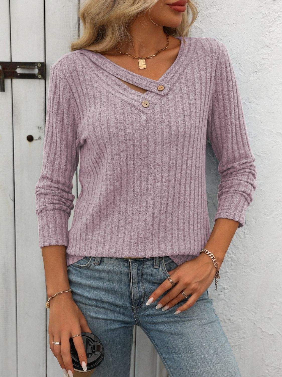Ribbed V-Neck Long Sleeve T-Shirt - Trendsi - Flyclothing LLC