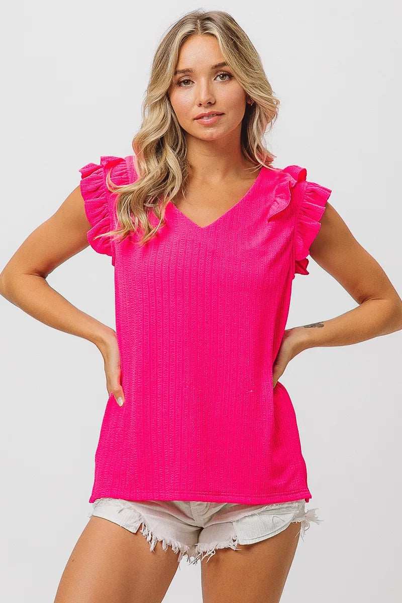 BiBi Layered Ruffles Armhole V-neck Rib Textured Top - Trendsi - Flyclothing LLC