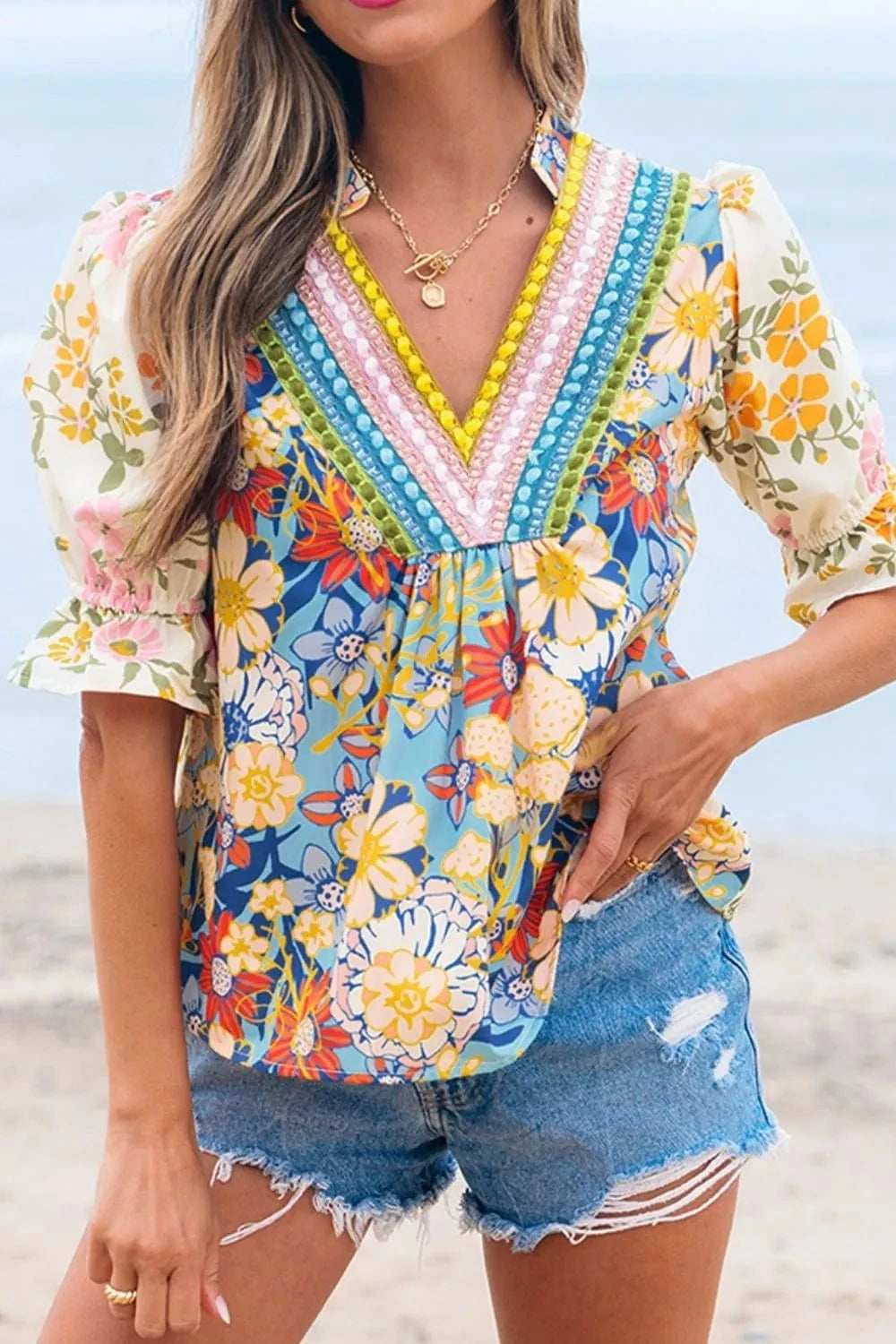 Multicolour Crochet V Neck Half Sleeve Boho Floral Blouse - Trendsi - Flyclothing LLC