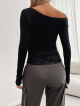 Single Shoulder Long Sleeve Lace T-Shirt - Trendsi - Flyclothing LLC