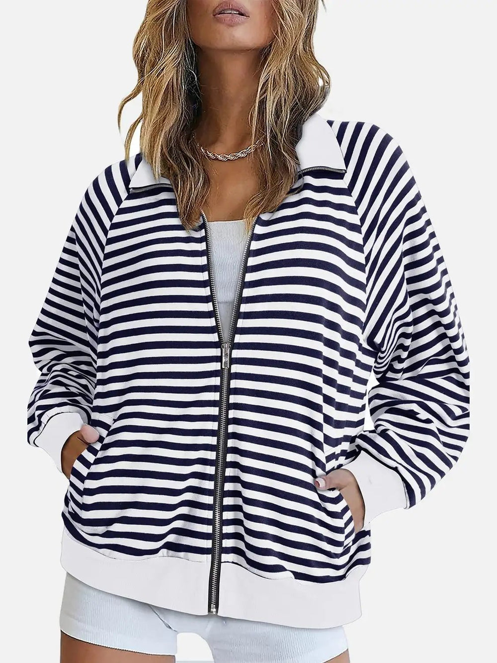 Striped Zip Up Long Sleeve Sweatshirt - Trendsi