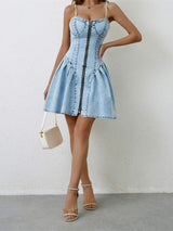 Ruched Zip Up Spaghetti Strap Denim Dress - Trendsi - Flyclothing LLC