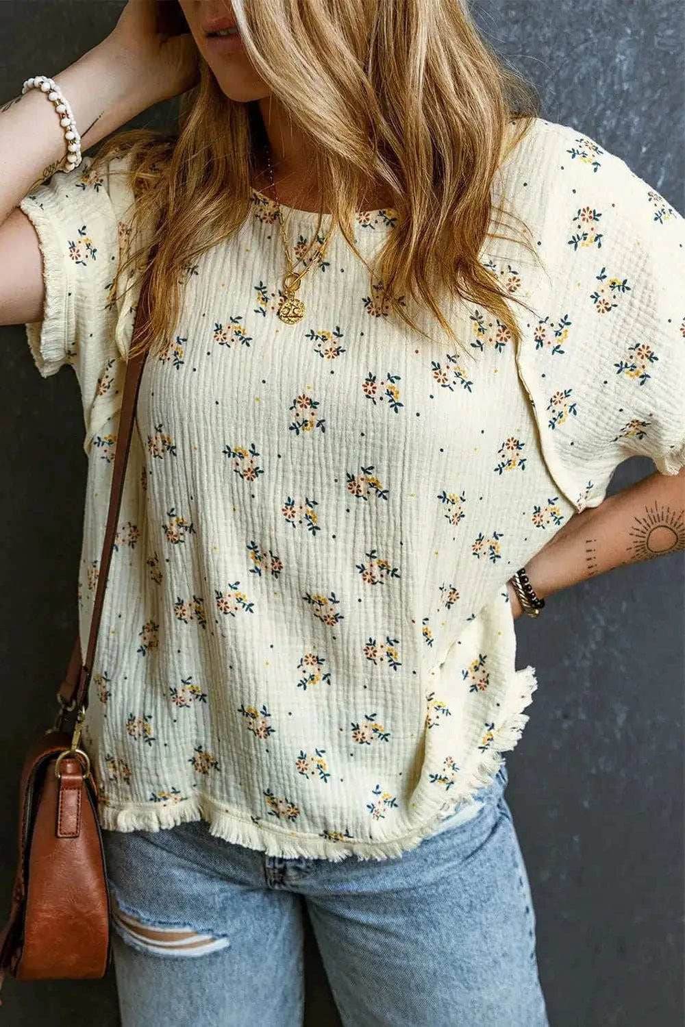 Raw Hem Printed Round Neck Short Sleeve Top - Trendsi - Flyclothing LLC