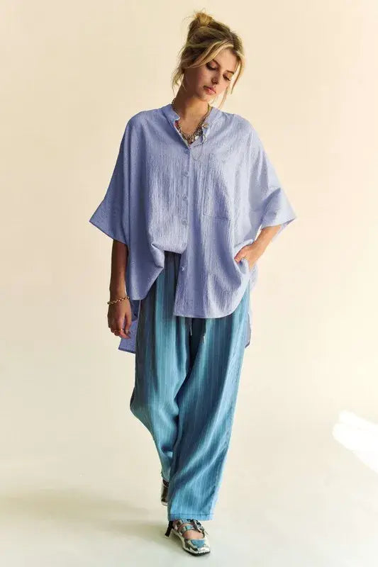 Davi & Dani Rhinestone Pleat Back Short Sleeve Loose Fit Shirt - Trendsi - Flyclothing LLC