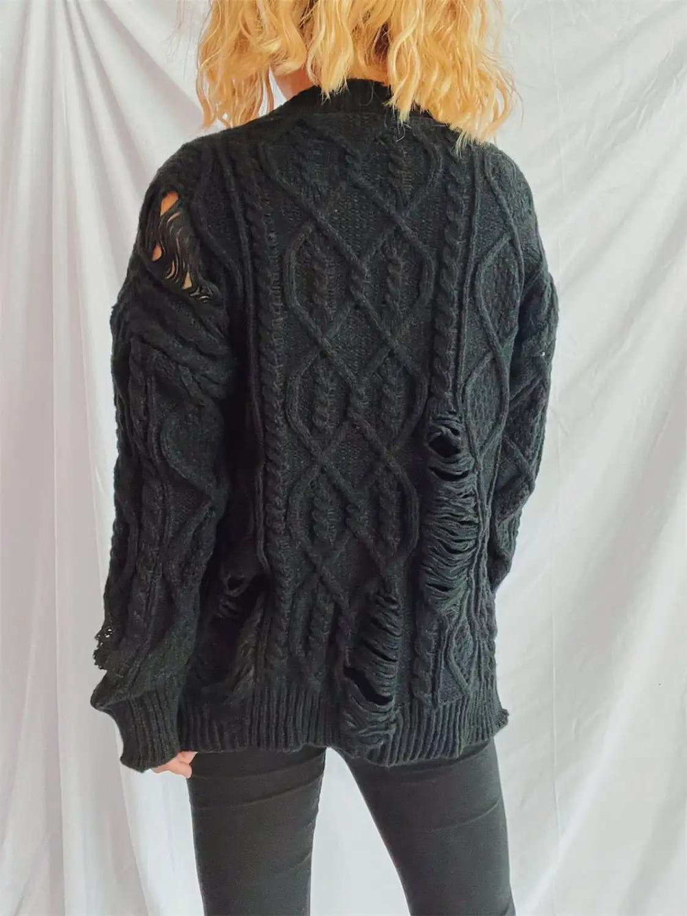 Distressed Cable-Knit Round Neck Long Sleeve Sweater - Trendsi - Flyclothing LLC