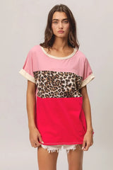 BiBi Leopard Printed Jersey Color Block Roll Up - Trendsi - Flyclothing LLC
