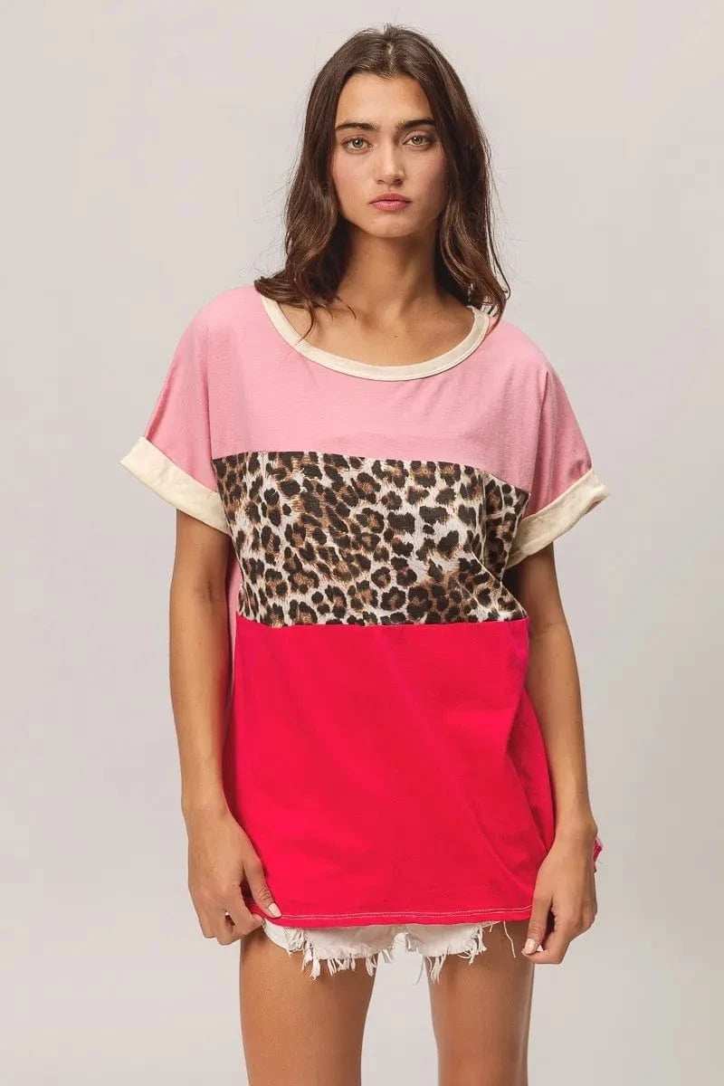 BiBi Leopard Printed Jersey Color Block Roll Up - Trendsi - Flyclothing LLC