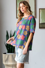 HOPELY Full Size Floral Round Neck Side Slit T-Shirt - Trendsi
