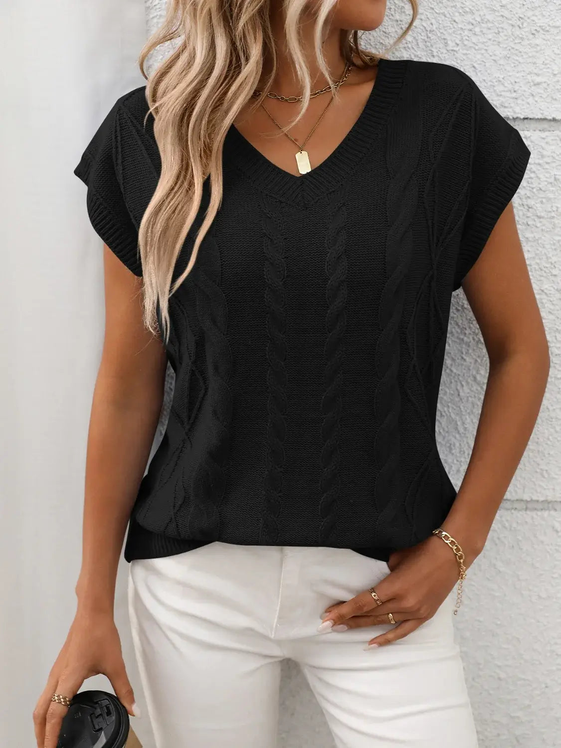 Cable-Knit V-Neck Short Sleeve Knit Top - Trendsi - Flyclothing LLC