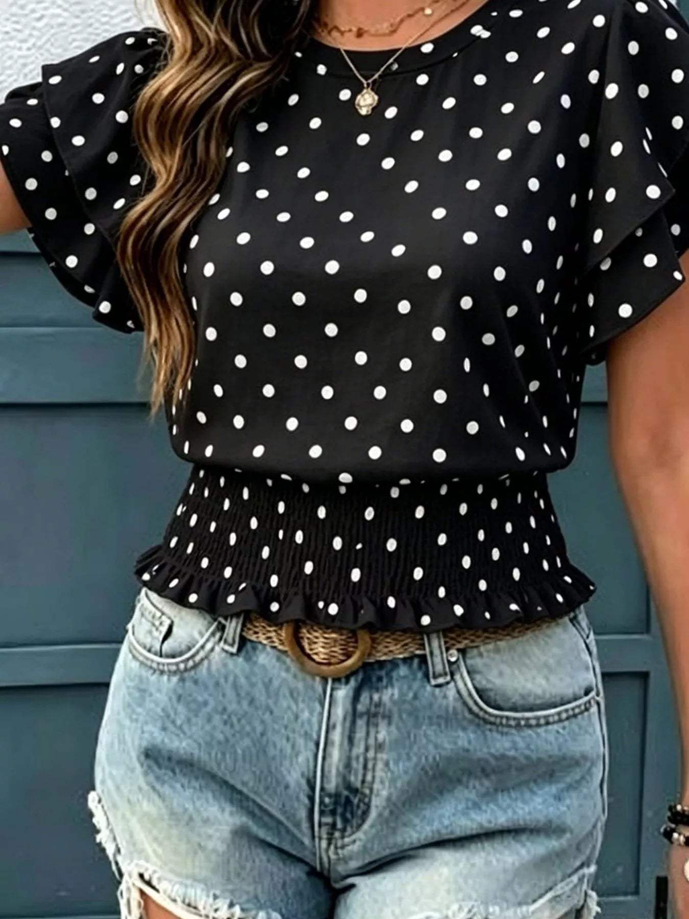 Polka Dot Ruffle Sleeve Blouse - Trendsi - Flyclothing LLC