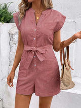 Striped Notched Tie Waist Romper - Trendsi - Flyclothing LLC