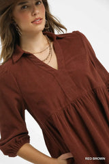 Umgee Tiered Corduroy Mini Dress with Balloon Sleeves - Trendsi - Flyclothing LLC