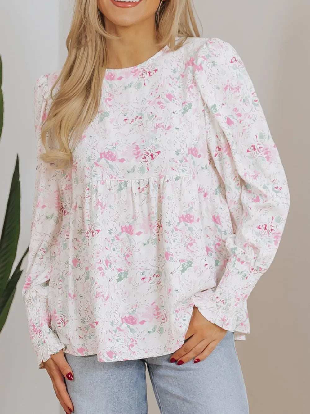 Printed Round Neck Long Sleeve Blouse - Trendsi - Flyclothing LLC