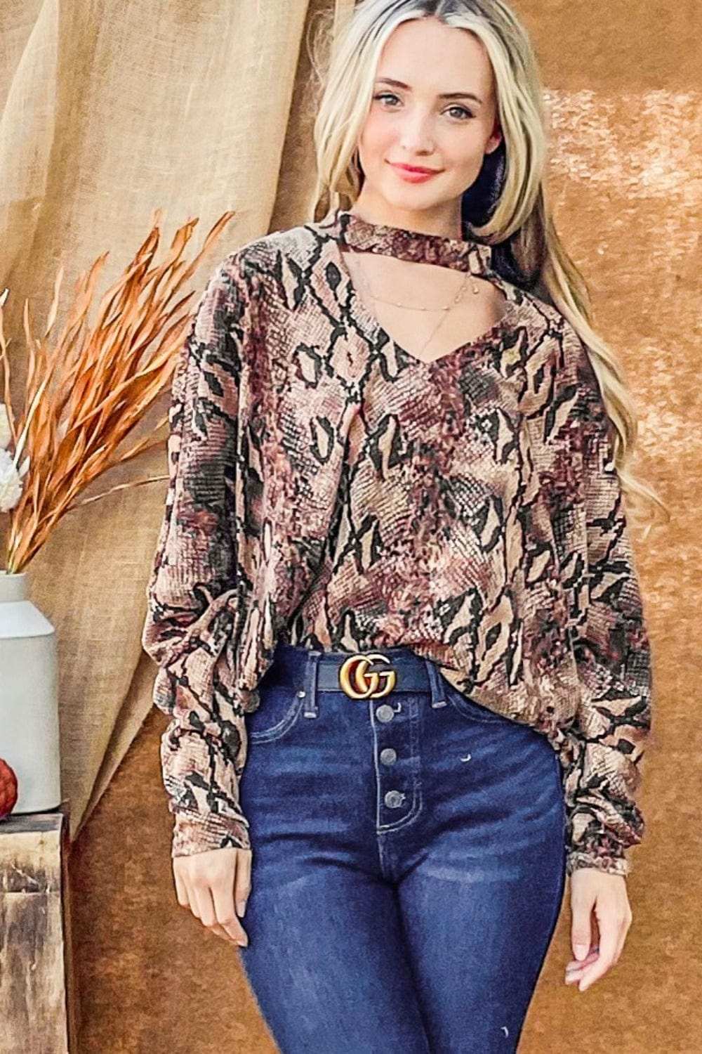 And The Why Choker Neck Dolman Sleeve Snake Print Top - Trendsi - Flyclothing LLC