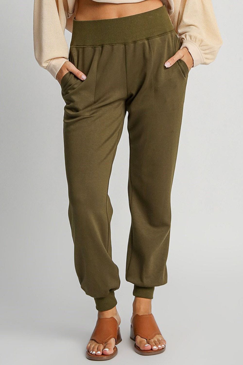 Umgee Full Size High Rise Elastic Waist Knit Joggers with Pockets Plus Size - Trendsi