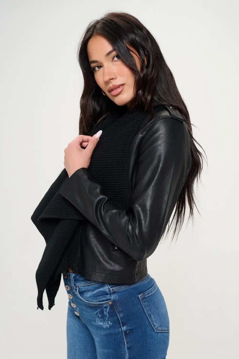 Coalition LA Knit Collared Faux Leather Crop Jacket - Trendsi - Flyclothing LLC