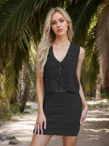 Openwork V-Neck Top and Skirt Knit Cover Up Set - Trendsi - Flyclothing LLC